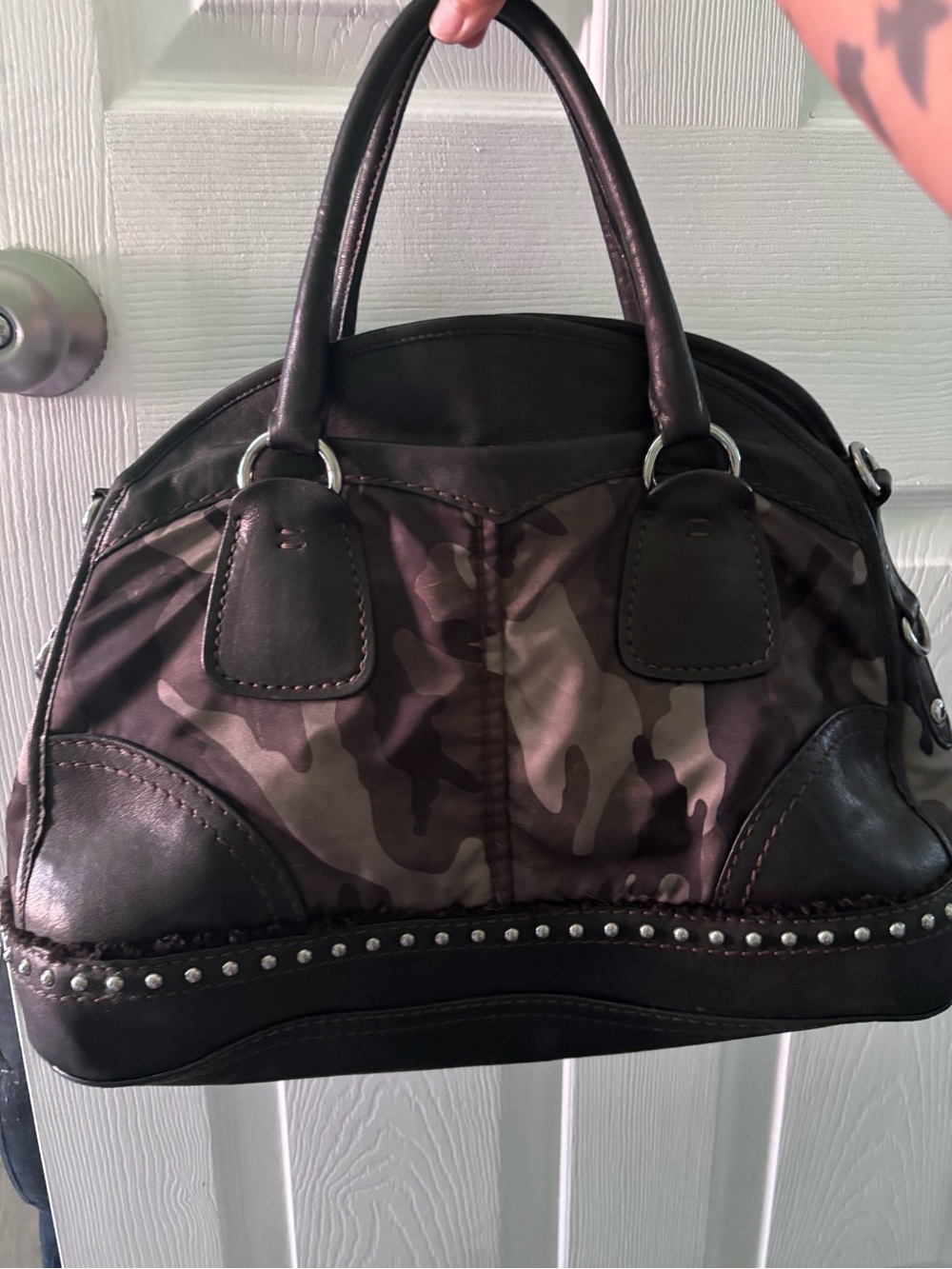 Prada Black & Gray Camouflage Satchel with Studded Trim - Picture 2 of 10